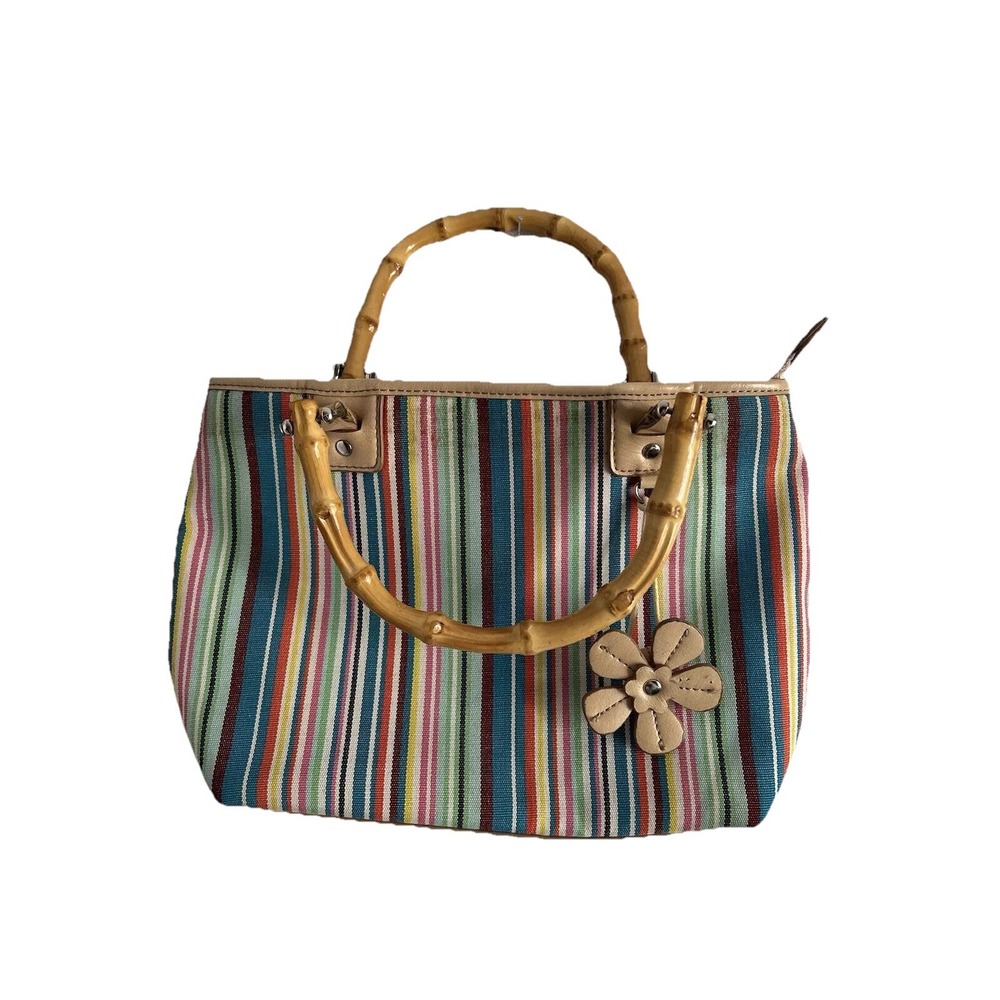Relic Purse Handbag Zipped 8x11 Canvas Bag Striped Y2K 90s Wooden Bamboo Handles